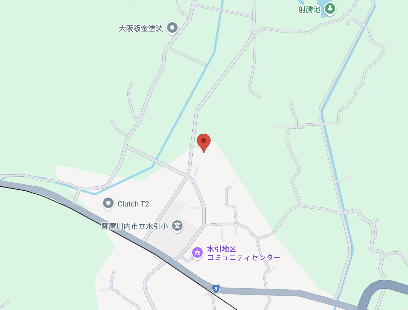 サロン周辺の地図。水引小学校の北側にサロンの位置を示すピンがあります。