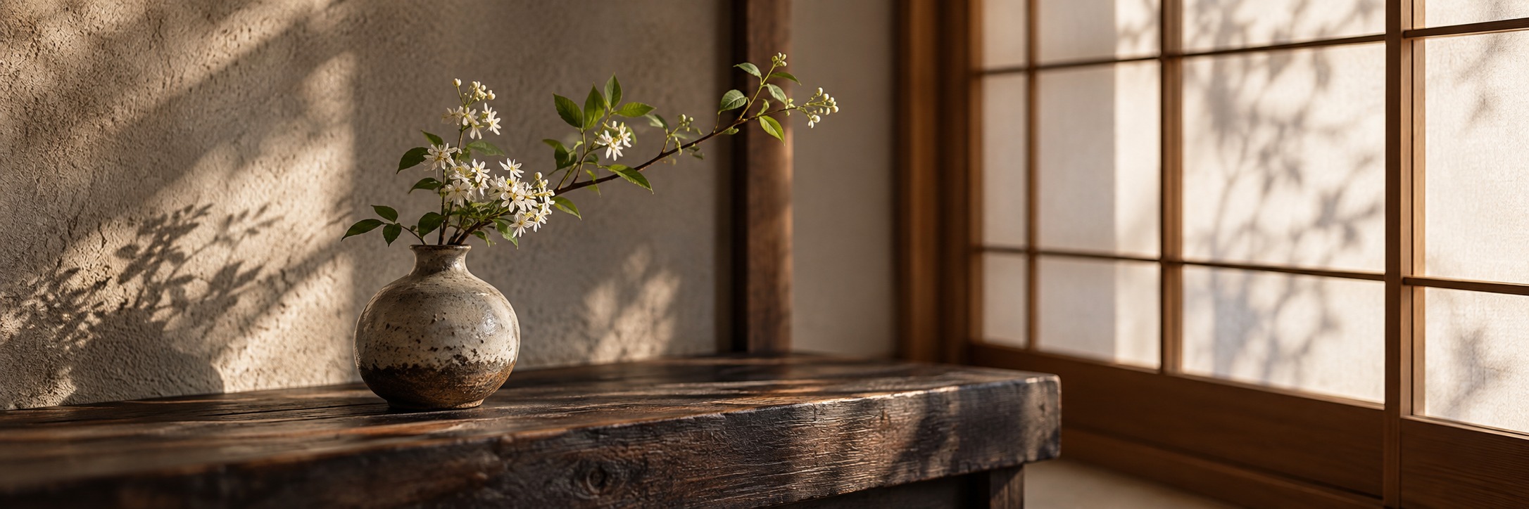 障子越しの光と季節の花のイメージ